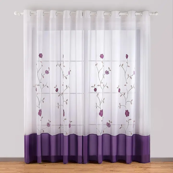 Juego de 2 cortinas con ojales, visillos con bordado floral para dormitorio, cocina, salón, 140 cm x 245 cm, color morado soleado - 1