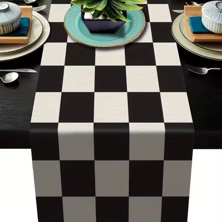 Mantel Vintage Clásico Sencillo Moderno En Blanco Y Negro Con Patrón De Cuadros Y Rayas Geométricas Telar De Lino Para Decoración Del Hogar Tamaño 183x33cm - 1