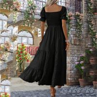 Wefads Vestido Midi Mujer Verano 2025 Collar Cuadrado Manga Corta Estilo Casual Poliéster Silueta Ajustada Y Flare - details 3