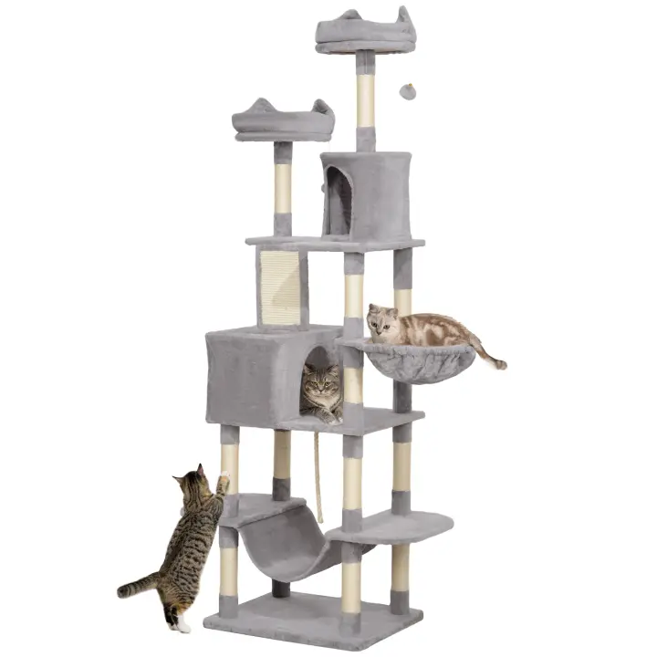 PawHut Árbol Rascador para Gatos Grande Altura 206 cm Árbol para Gatos Torre para Gatos con Plataformas Cuevas Bolas Colgantes y Hamacas - 1