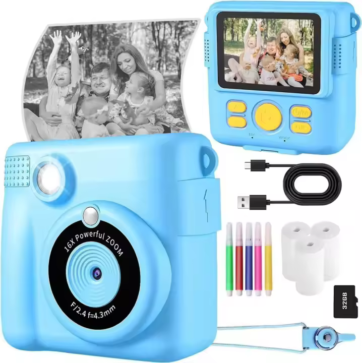 Cámara para niños-Cámara de impresión instantánea 1080P 2,4 pulgadas de pantalla digital para niños Cámara de vídeo with Zoom Digital 16X, tarjeta de 32GB TF, 3 Rollos de Papel incluidos - 1
