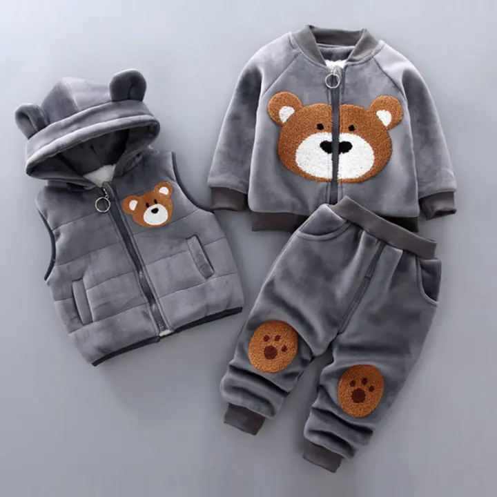 Conjunto De Ropa De Bebé Para Otoño Invierno Con Chaqueta De Peluche Gruesa Vestido Y Pantalones Unisex Adecuado Para Niñas Y Niños Talla Única Para Edad 1-3 Años Estilo Deportivo Con Diseño De Oso De Dibujos Animados - 1