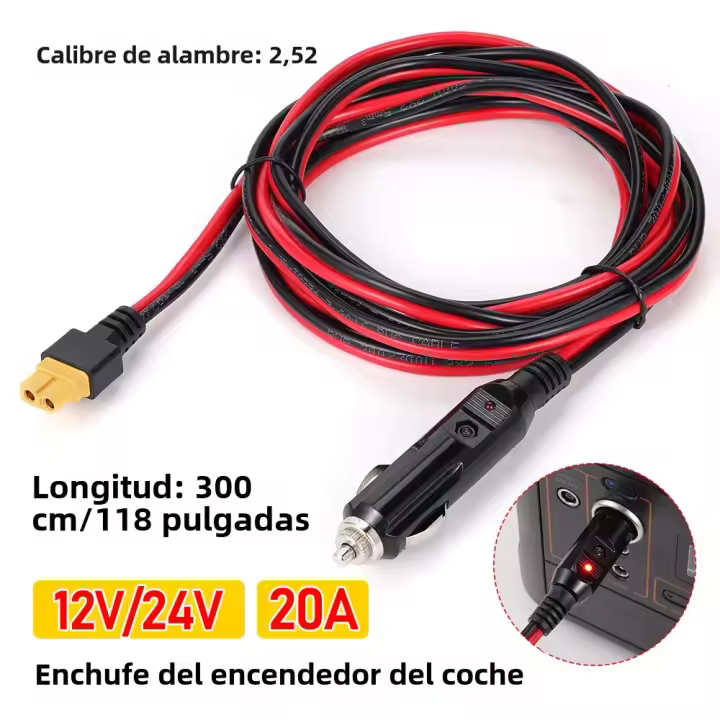 Cable De Extensión Para Coche XT60 14AWG Con Conector De Luz Del Cigarrillo Adaptador De Carga Y Cable a Generador Solar De 10FT - 1