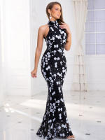 Vestido Largo De Noche Con Floral Y Lentejuelas Cuello Alto Sin Mangas Elegante Ajustado Para Fiesta Boda Maxi Gown - details 8