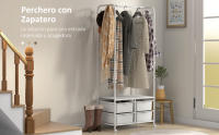 Perchero con Zapatero Moderno con 8 Ganchos 4 Cestas para Zapatos Perchero Entrada con Ruedas y Marco de Acero para Salón Dormitorio Pasillo 63x37x153 cm Blanco - details 0