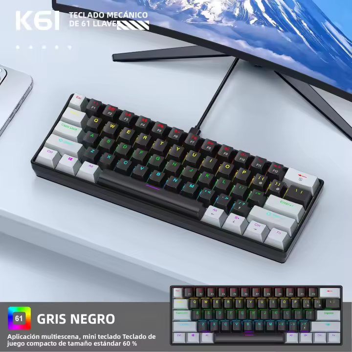 Teclado Mecánico De 61 Teclas APAYADO K61 RGB 60% Mini Portátil Para Gaming Con Switches Rojos/azules Negro Blanco Rojo/azul - 1