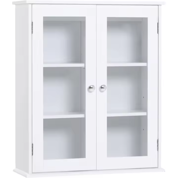 Armario de Pared Baño de 2 Puertas de Cristal Armario Colgante Multiusos para Cocina Salón con Estantes Interiores y Balda Ajustable 55x20x65 cm Blanco - 1