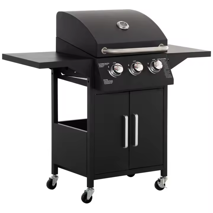 Outsunny Parrilla de Gas BBQ con 3 Quemadores, 3 kw cada uno, Carro Parrilla móvil con 4 Ruedas, Red para Parrilla, Mesas Auxiliares, reductor de presión, Mangueras, Armario, multifunción, Acero, Negro, 121 x 55 x 109 cm - 1