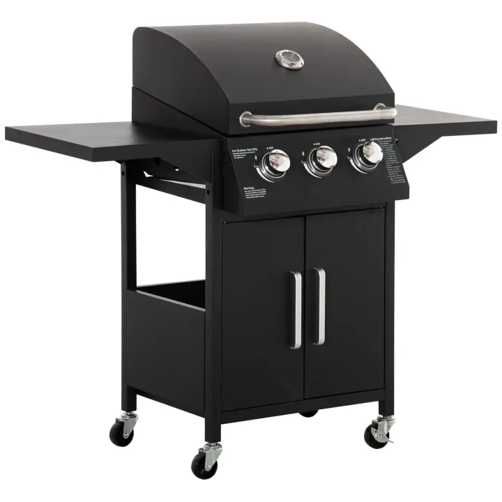 Outsunny Parrilla de Gas BBQ con 3 Quemadores, 3 kw cada uno, Carro Parrilla móvil con 4 Ruedas, Red para Parrilla, Mesas Auxiliares, reductor de presión, Mangueras, Armario, multifunción, Acero, Negro, 121 x 55 x 109 cm - 1
