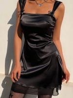 Vestido Mini De Noche Con Encaje Satinado Y Volantes En Hombros Y2K Para Mujer Estilo Tie Shoulder Silueta Ajustada Y Flared - details 4