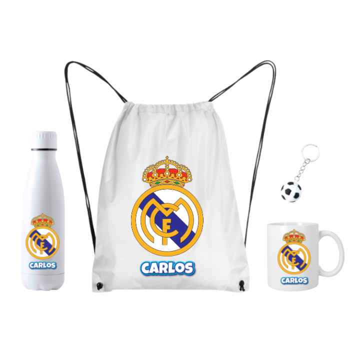 Equpo de futbol R. Madrid Mochila+Botella termo 700ML + taza 350ML + llavero - (DEJAR NOMBRE EN CHAT O NOTAS) Regalo para hombre o mujer o niño