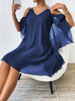 Vestido De Verano Para Mujer 2025 Elegante Con Cuello En V Y Manga Corta Vestido De Chiffon A-Line De Rodilla Casual - details 2