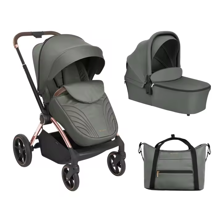 Cochecito Kikka Boo Kara Premium Dos Piezas - Desde el Nacimiento Hasta 22 Kg - Marco de Aluminio - Plegado Rápido - Asiento Orientado Hacia Atrás - Asa de Empuje de Cuero - 1