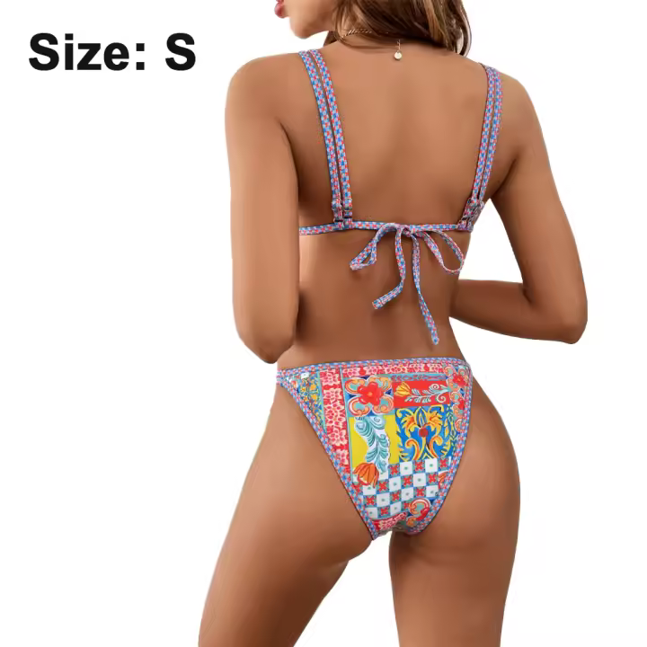 Traje de baño de dos piezas con estampado floral para mujer, conjunto de microbikini sexy, top de banda, varios tamaños en V - 1