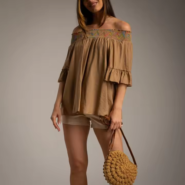 Camiseta mujer palabra de honor con estampado floral – estilo romántico y veraniego – WA Wild Animal – talla única - 1