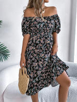 Vestido Elegante De Primavera Y Verano Para Mujer Con Estampado Floral Cuello Cuadrado Manga Corta Volante Al Borde Vestido A-Line De Rodilla Casual - details 3