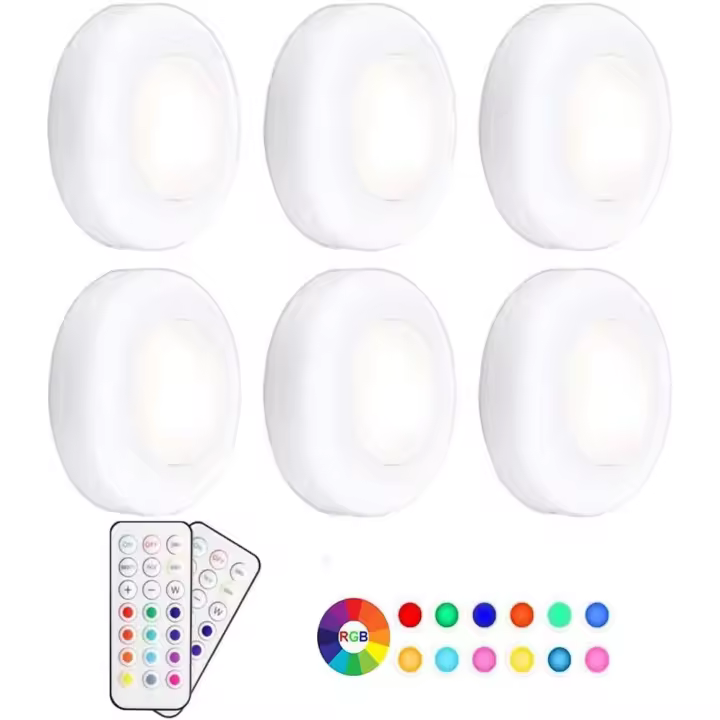 SOMY Lámpara para Armario/Gabinete, Luz Nocturna LED RGB Inalámbrica de 13 Colores, Atenuación con Control Remoto con Pilas, Paquete de 6 [Clase Energética A+] Luz Nocturna - 1