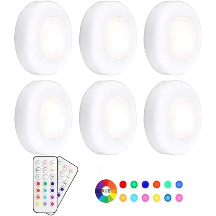RICEEL Lámpara para Armario/Gabinete, Luz Nocturna LED RGB Inalámbrica de 13 Colores, Atenuación con Control Remoto con Pilas, Paquete de 6 [Clase Energética A+] Luz Nocturna - 1