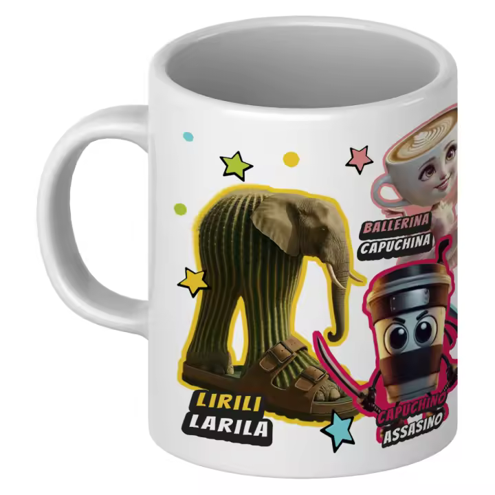 Taza Cerámica Infantil Italian Brainrot 325 ml en Caja | Diseño con Lirili Larila, Capuchino Assasino, Bungoletti Spaghettini, Bombardiro Crocodilo, Ballerina Capuchina y Tralalero Tralala | Taza de Regalo Original para Niños, Niñas y Coleccionistas - 1