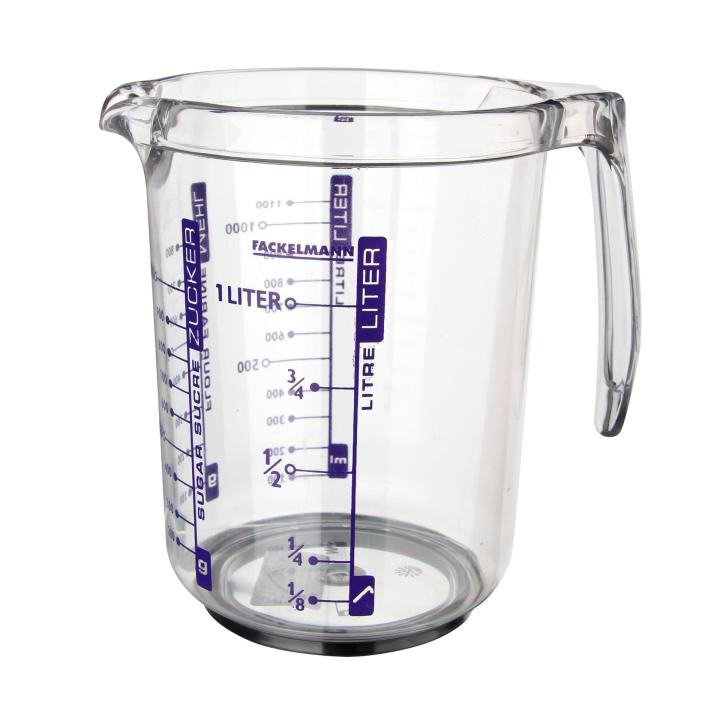Fackelmann Jarra Medidora de Cocina,  1 litro de capacidad, con escala para medir líquidos, azúcar y harina, Plástico Transparente. Medidas 17,5x12,5x16,5 cm, 1 ud
