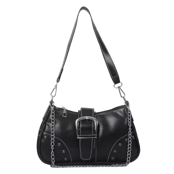 Bolso de hombre para mujer moda con adorno de cadena estilo fresco Negro Bolso de axila de motociclista calidad superior para Damas y Niñas - 1