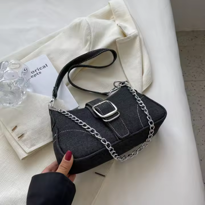 Bolso De Hombro Denim Para Mujer Bolso Bandolera De Moda Con Cadena Bolsos Retro De Malla Codo Bolsos De Alta Calidad - 1