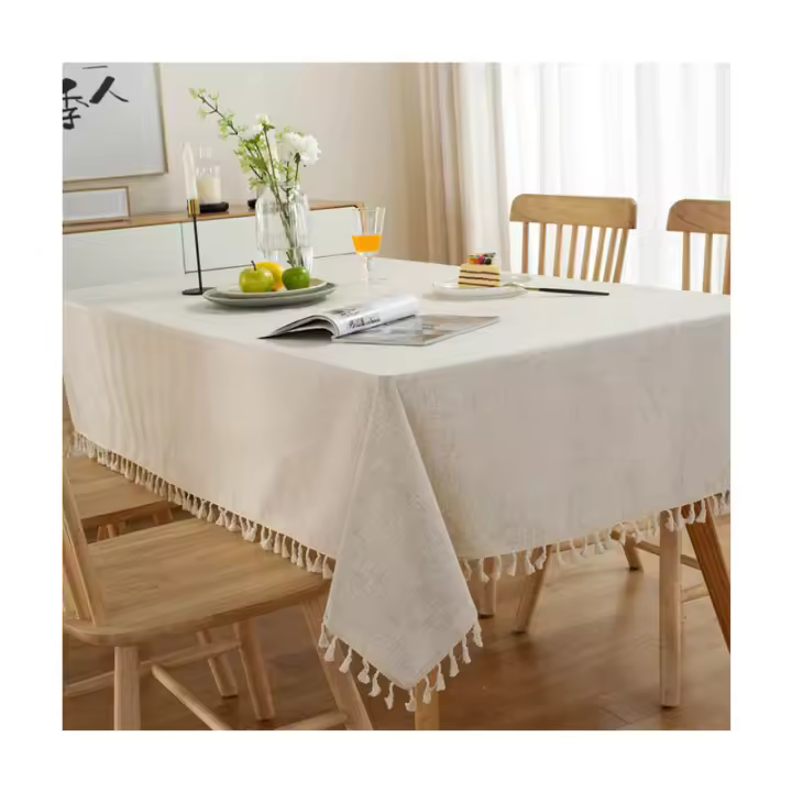 Mantel rectangular antimanchas, lavable, color sólido, con borlas, oblongo, mantel de algodón y lino, para cocina, mesa de comedor, decoración de buffet (beige, 140 x 180 cm), girasol - 1