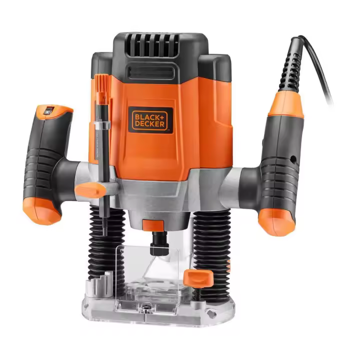 Black and Decker Fresadora, 1.200W, KW1200EKA-QS, 8.000 - 28.000 rpm, profundidad 55mm. Incluye 3 pinzas, 6 fresas, guía de corte, plato distanciador, plantilla, perno centrador y maletín - 1