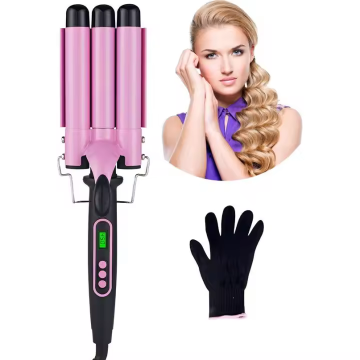 Jourz Gofrera - 3 Varillas - Rizador De Pelo - Rizador De Ondas - Ondas De Playa - Rizador De Ondas - Waver - Rizador De Pelo - Rizador - Con Guante Protector - Negro/Rosa - 1