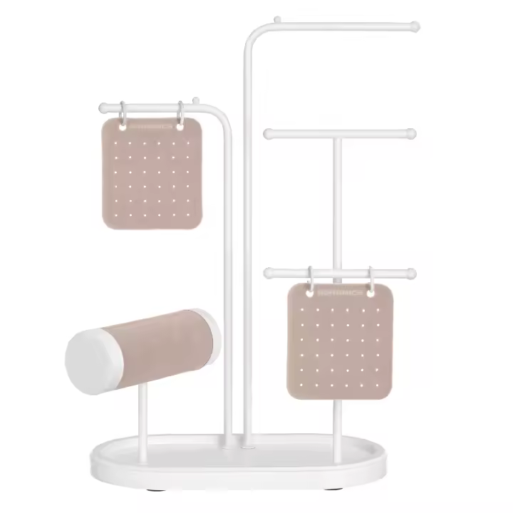 SONGMICS Soporte para Joya, Organizador de Joya, Expositor de Joya con Marco de Metal, 2 Tablas Pendientes, 4 Varillas de Colgar, para Collares Pendientes Pulseras Relojes, Blanco Nube/Dorado Metálico/Negro Tinta - 1