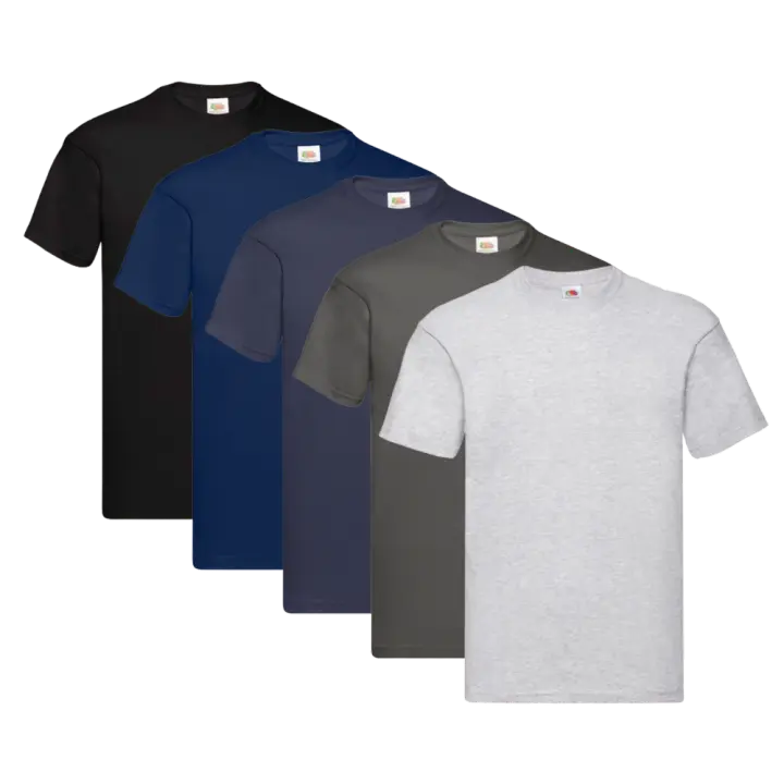 Fruit of the Loom Original - Camiseta Manga Corta para Hombre (Pack de 5 unidades) - 1 Negro / 1 Azul Marino / 1 Azul Intenso / 1 Gris Escuro / 1 Gris Jaspeado - 1
