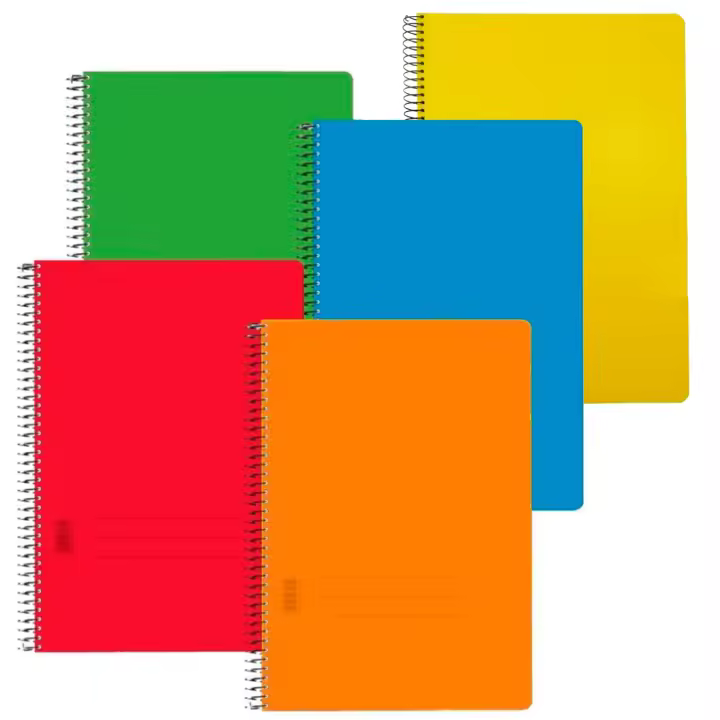 Tradineur - Pack de 5 cuadernos lisos, tamaño 4º, tapas de polipropileno y hojas en blanco, encuadernación de espiral, 80 hojas, 21,5 x 15 cm, colores aleatorios - 1