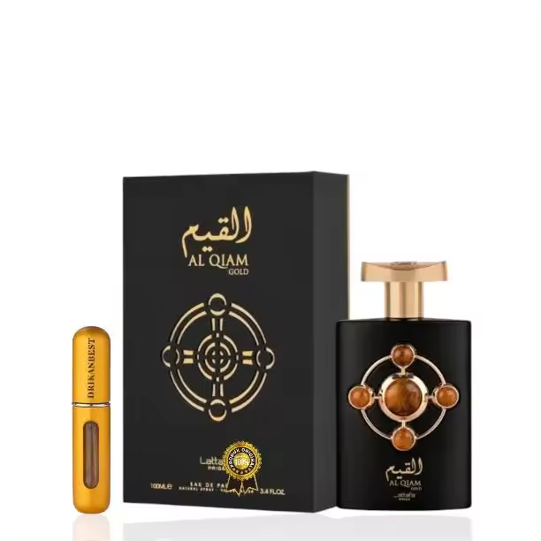 Perfume QIAM GOLD Lattafa Pride Eau de Parfum 100ml Original perfume Unisex Intensamente Amaderado y Oriental | Larga Duración con Notas de Oud y Azafrán + Regalo Atomizador Recargable 5ml Drikanbest 5ml - 1