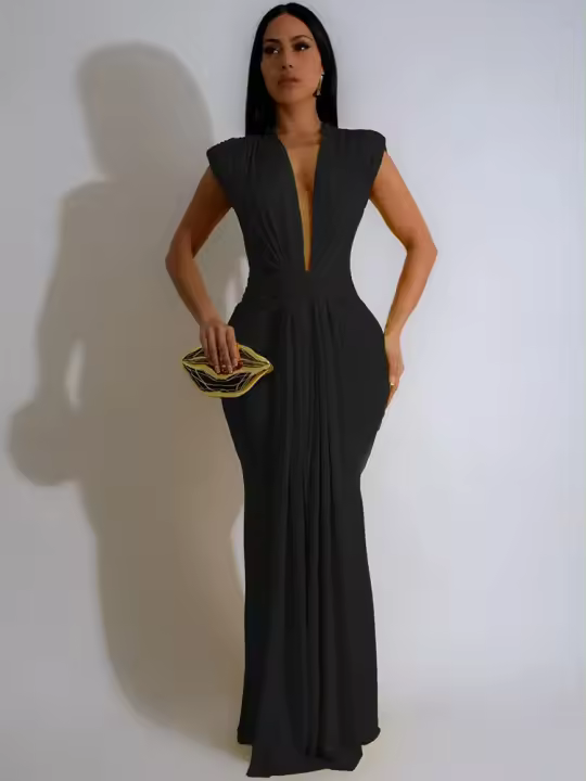 Vestido Largo Elegante Bodycon Con Aros En V Para Mujer Vestido De Fiesta Noche Cumpleaños Baile Elegante Slim Forma De Cuerpo Sexy Con Cintura Empirica Y Cierre De Cremallera - 1