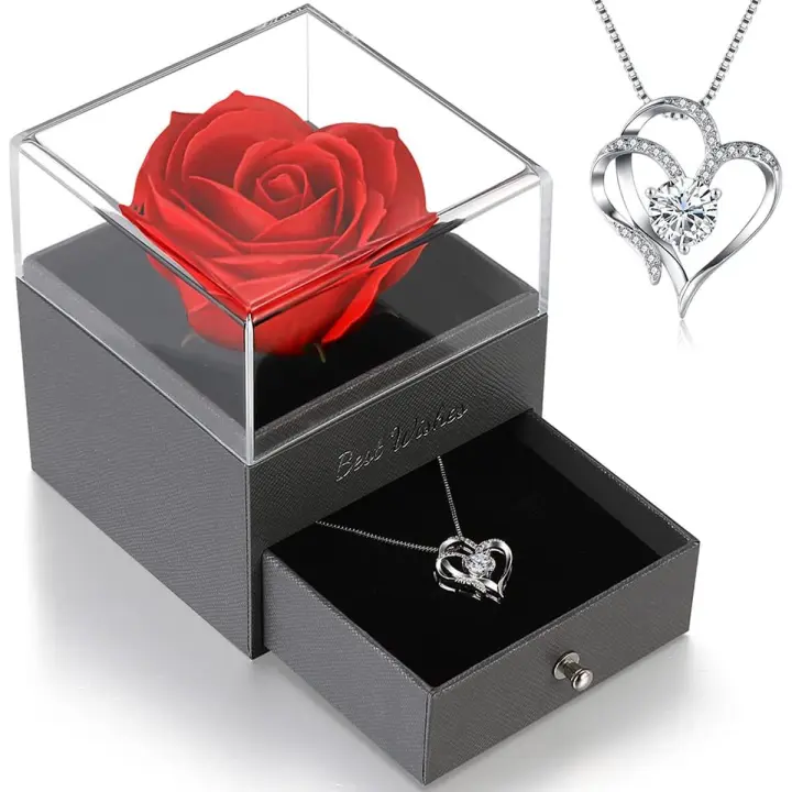Collar de Corazón en caja con rosa roja preservada, regalo ideal para San Valentín, Cumpleaños, etc. - 1