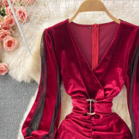 Vestido Bodycon De Veludo Negro/Rojo Para Mujer Vintage Con Cuello En V Y Mangas Largas Patchwork Midi De Otoño Invierno - details 2