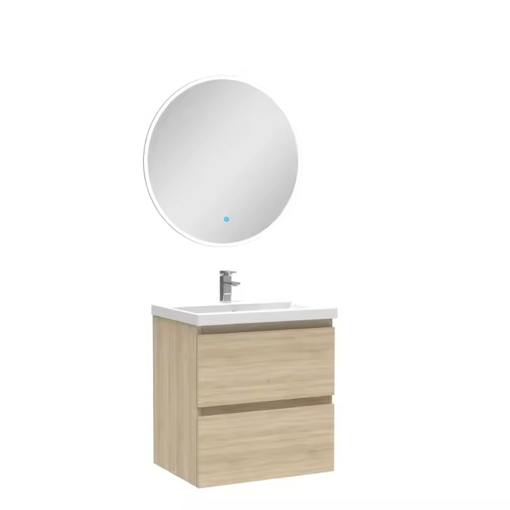 AICA Mueble de baño en roble, 50 cm de largo, dos cajones, lavabo, espejo con iluminación LED - 1