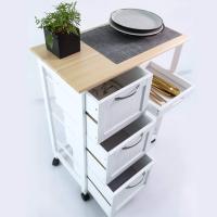 Carro de cocina con ruedas, práctico carro de servicio con 3 cajones y 3 niveles de almacenamiento, encimera de madera, estilo rústico en elegante blanco, isla de cocina 67x37x84 cm para optimizar tu espacio, Anaterra - details 3