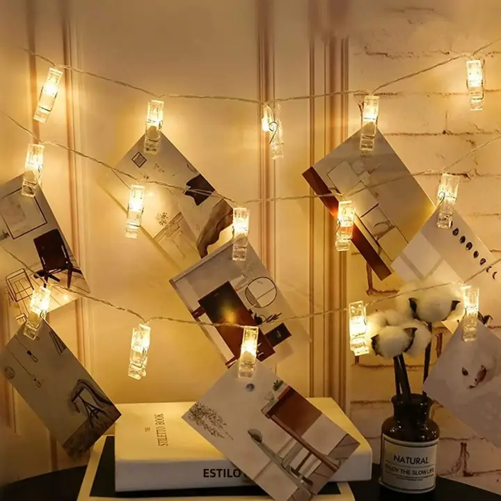 Luz De Cadena De Fotos LED Con Clip Para Colgar Imagenes O Tarjetas Decoración De Pared Para Dormitorio Pilas AA Incluidas 1m/3m/6m - 1