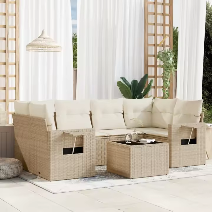 vidaXL Set sofás de jardín 7 piezas y cojines ratán sintético beige - 1