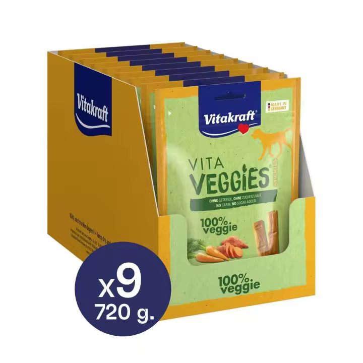 VITAKRAFT -  Vita Veggies Sticks Para Perros, Snack 100% Natural Y Vegetariano Sabor Queso y Patata / Batata y Zanahoria Sin Azúcar Añadido (Pack 9x80g) - 1