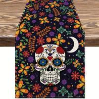 Mantelos De Lino Tejidos Con Estampado De Rosas Y Calaveras Para Decoración De Fiesta Del Día De Muertos Y Halloween Mantel Lavable Para Comedor De Casa Y Cocina - details 6