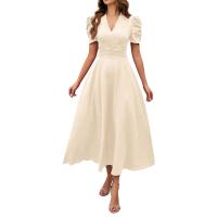 Vestido Elegante De Fiesta Para Mujer Cintura Alta A-Line De Color Sólido Con Manga Corta Estilo Francés Vestido De Cintura Cinchada Temperamento - details 8