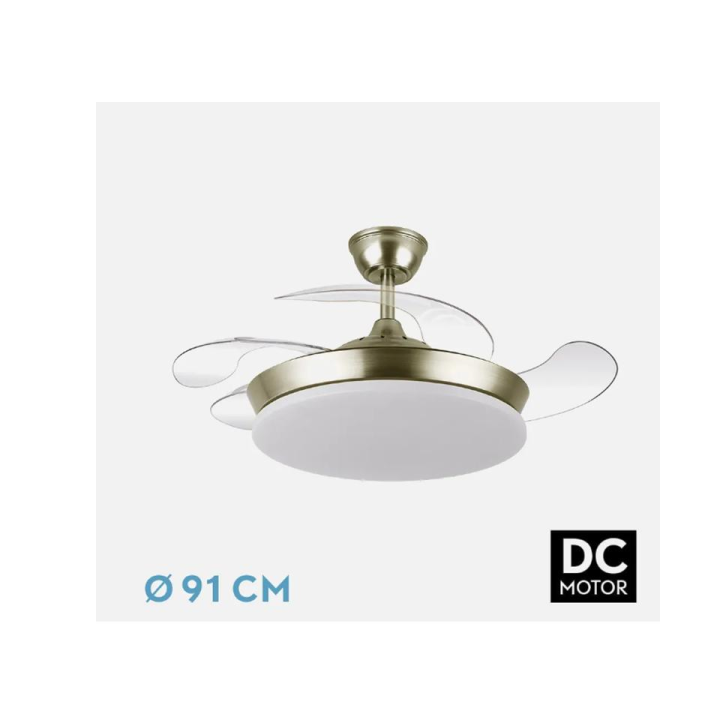 VENTILADOR DC TRIDENTE MINI 59W CUERO 4ASPAS DESP. 91D 6980LM REG.INTENSIDAD REMOTO+TEMPORIZADOR+MEMORIA 3000-4000-6000K. 40 CM CERRADO. DIMMABLE
