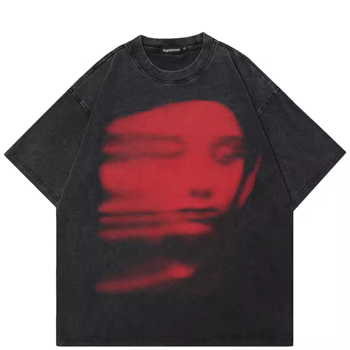 Camiseta Vintage Oversized Streetwear Roja Con Sombra De Cara Gráfico Retro Hip Hop Harajuku Algodón Negro Y2K Para Hombres - 1