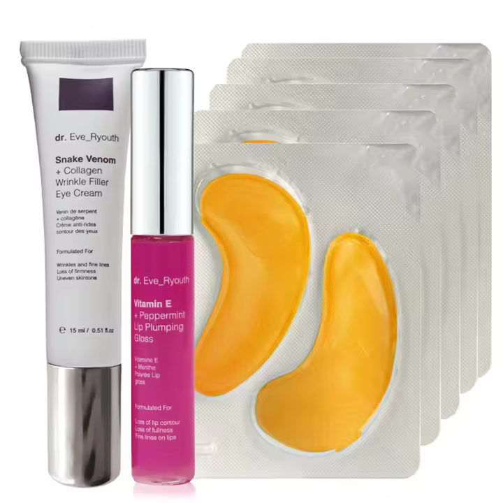 Dr. Eve_Ryouth Almohadillas hidratantes antioxidantes para ojos con oro de 24 quilates + relleno labial de vitamina E y menta (8 ml) + crema para ojos con veneno de serpiente y colágeno para rellenar arrugas (15 ml) - 1
