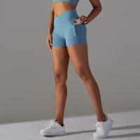Shorts De Yoga Para Mujer Con Cintura Alta Y Bolsillos Diseño Cruzado Transpirables Y Secado Rápido Para Gimnasio Running Ejercicio - details 8