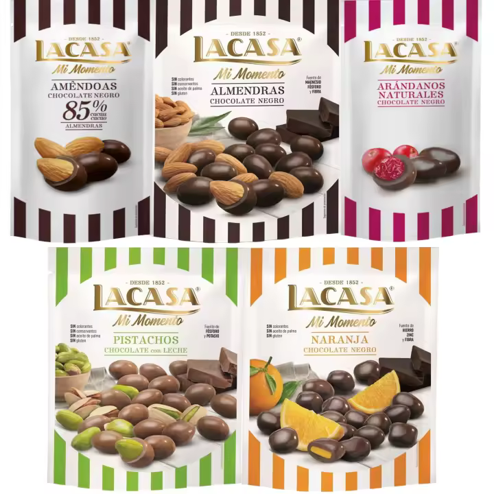 Lacasa Mi Momento pack de 5:Arándano choco Negro 60G,Almendra 85% 65G,Almendra choco Negro 125G,Naranja choco Negro 125G,Pistacho Leche 100G - 1