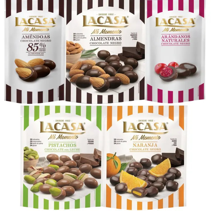 Lacasa Mi Momento pack de 5:Arándano choco Negro 60G,Almendra 85% 65G,Almendra choco Negro 125G,Naranja choco Negro 125G,Pistacho Leche 100G - 1