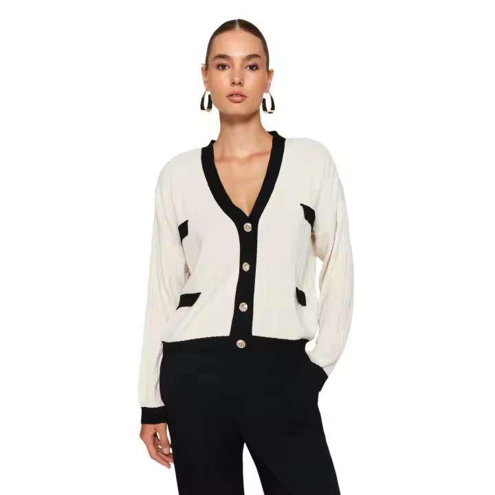 Trendyol Stone Color Blocked V-Neck Knitwear Cardigan Twoaw24Hi00161 - 1